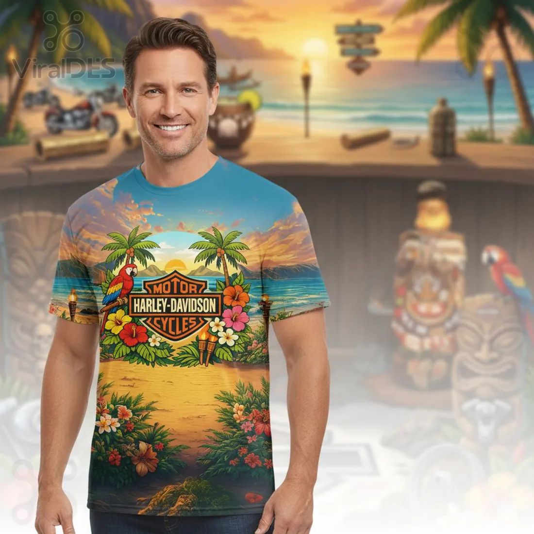 MOTOR HARLEY-DAVIDSON CYCLES Tropical Beach Full Print T-Shirt
