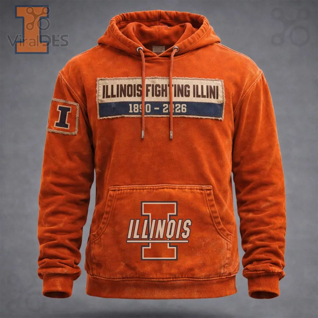 Illinois Fighting Illini Vintage Distressed 1890-2026 Patch Graphic Hoodie