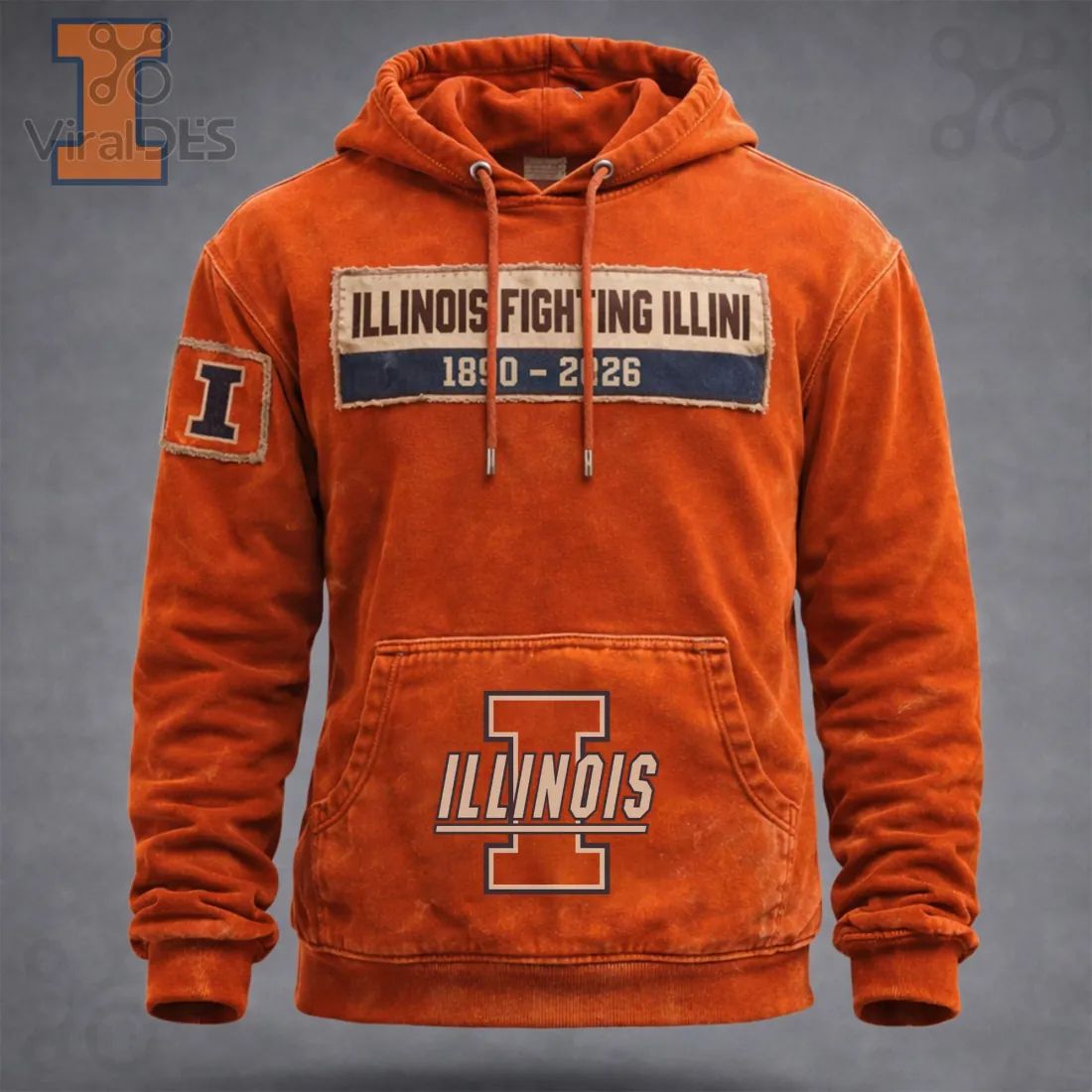 Illinois Fighting Illini Vintage Distressed 1890-2026 Patch Graphic Hoodie