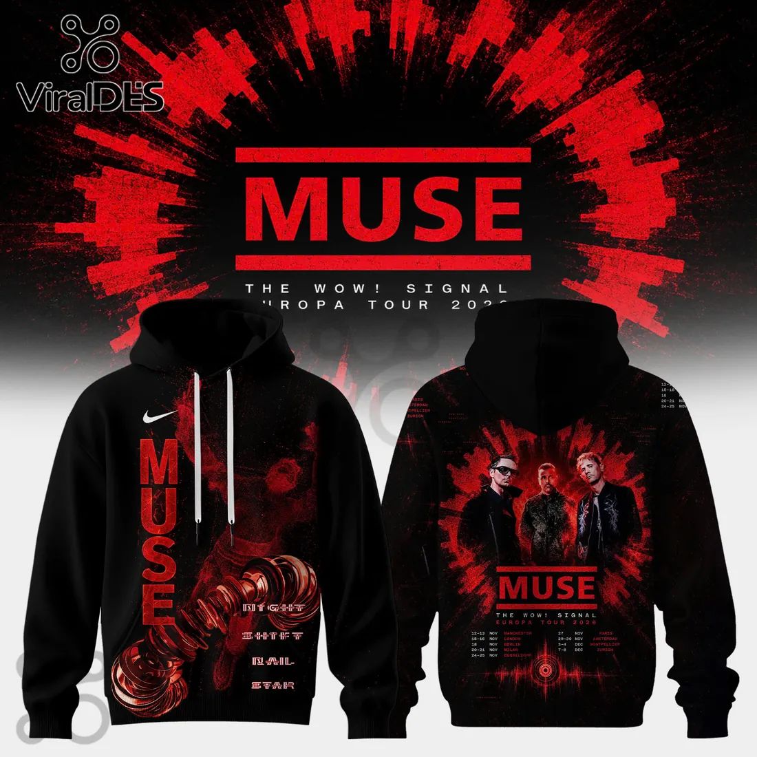 Muse The Wow Signal Europa Tour 2026 Black Cotton Concert Pullover Hoodie