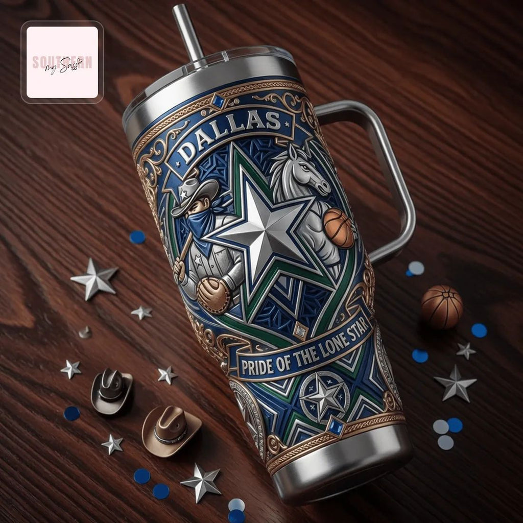 Dallas Lone Star Premium Engraved 40oz Stainless Steel Tumbler With Handle