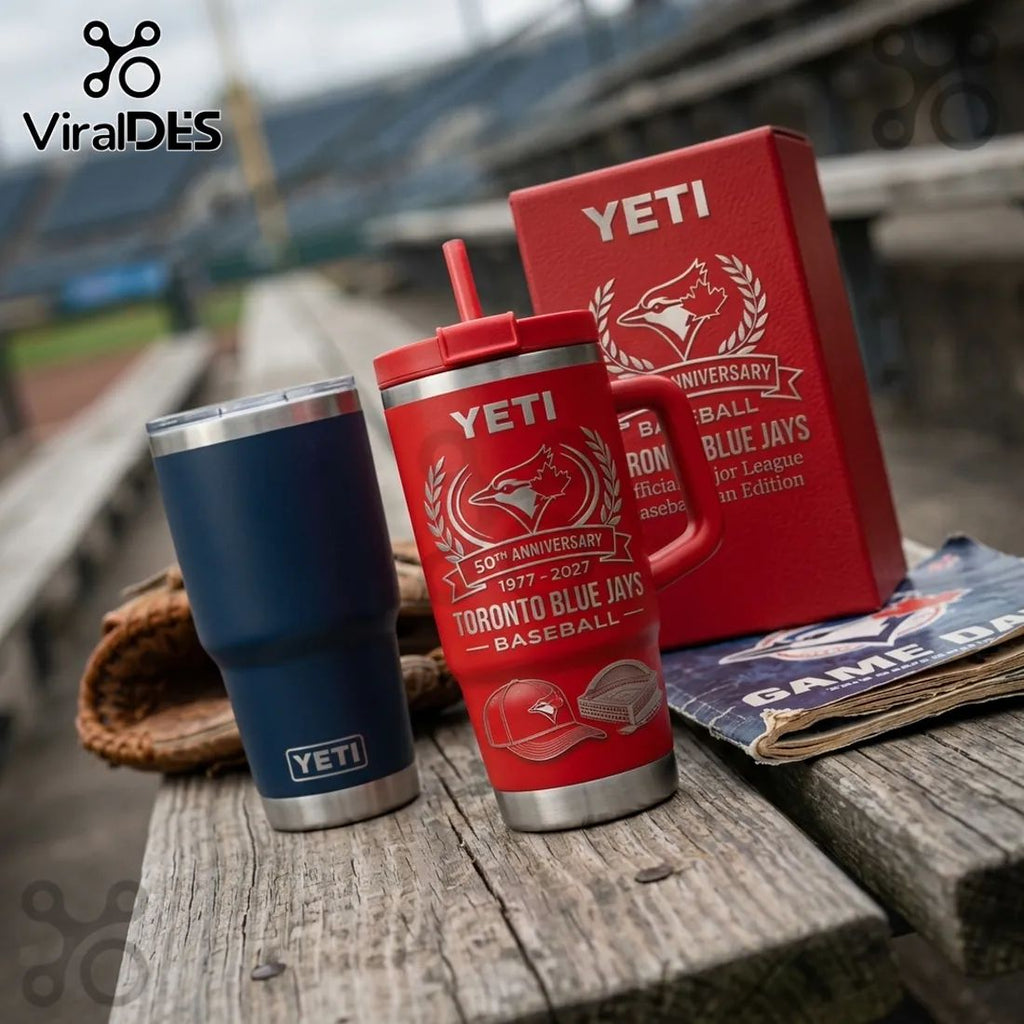 Toronto Blue Jays 50th Anniversary Engraved Red Yeti Handle Tumbler