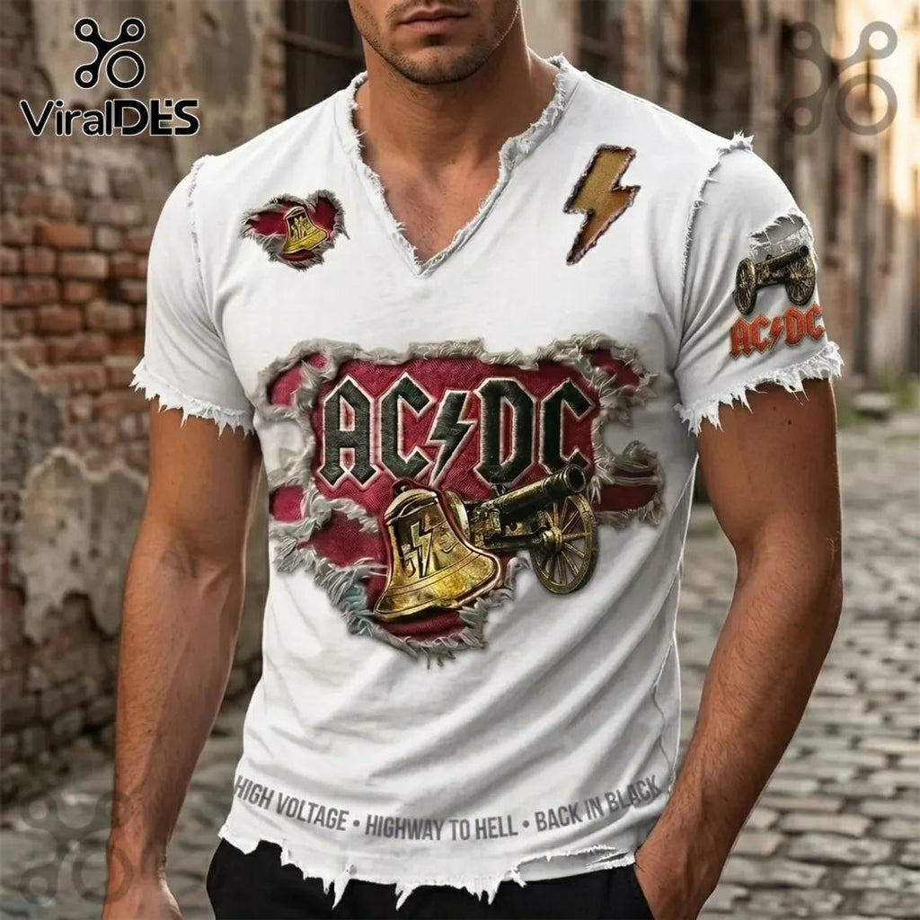 ACDC Distressed White T-Shirt with Bell and Cannon Cotton T-Shirt