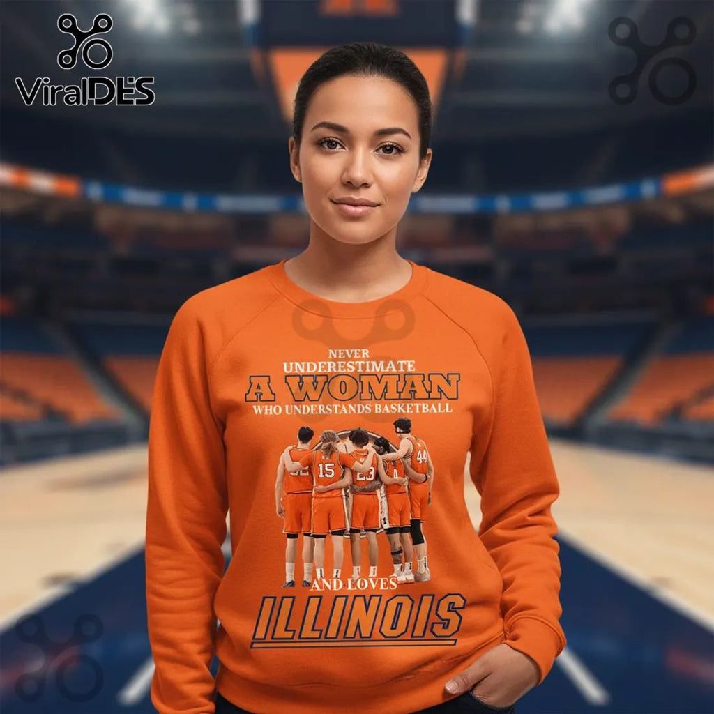 Illinois Basketball Woman Fan Never Underestimate Orange Crewneck Sweatshirt