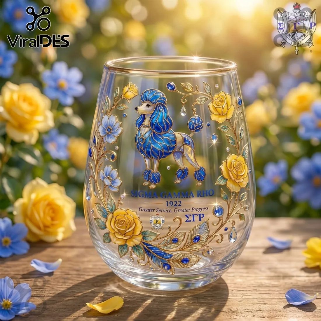 Sigma Gamma Rho 1922 Poodle Blue Gold Sorority Stemless Wine Glass