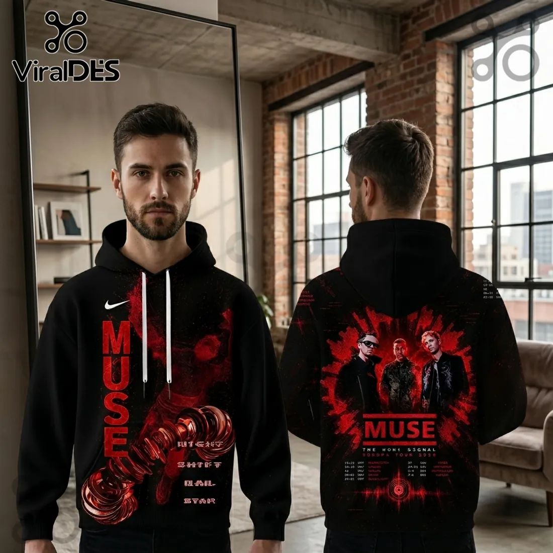 Muse The Wow Signal Europa Tour 2026 Black Cotton Concert Pullover Hoodie