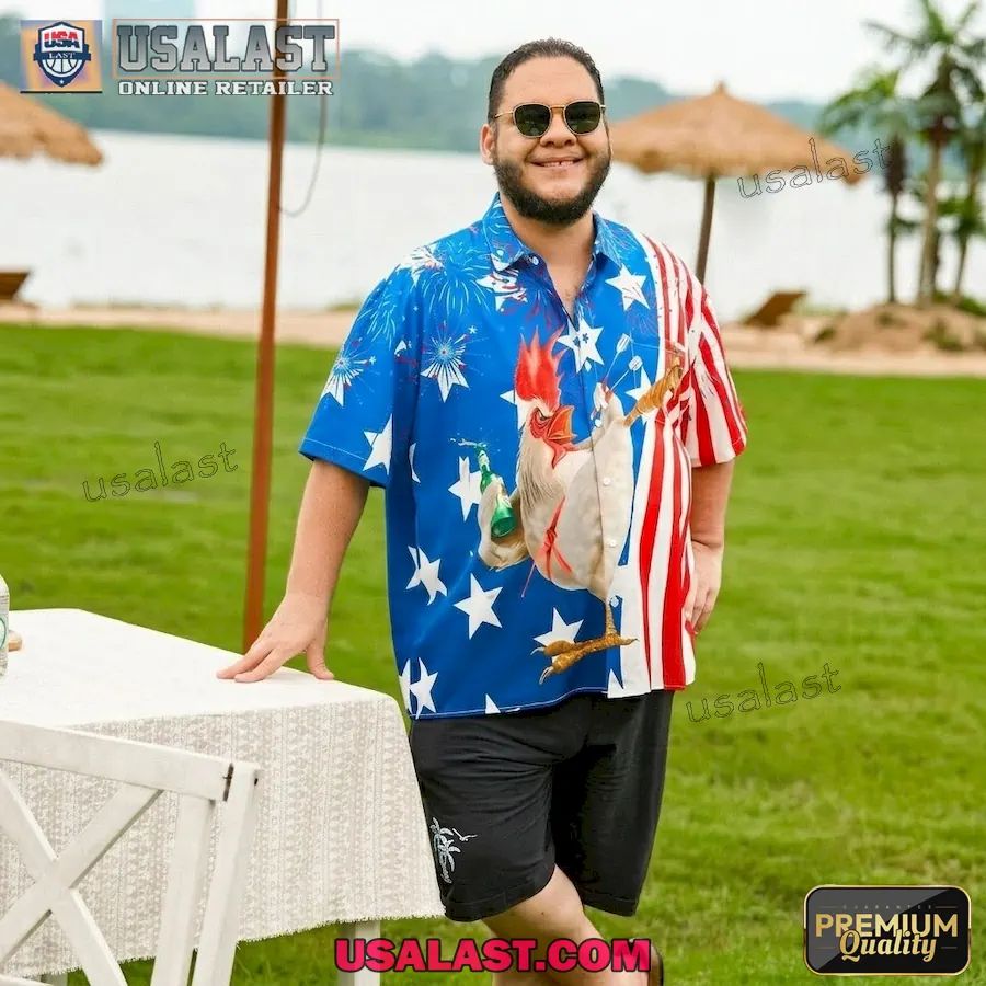 Rooster American Flag Firework Hawaiian Shirt
