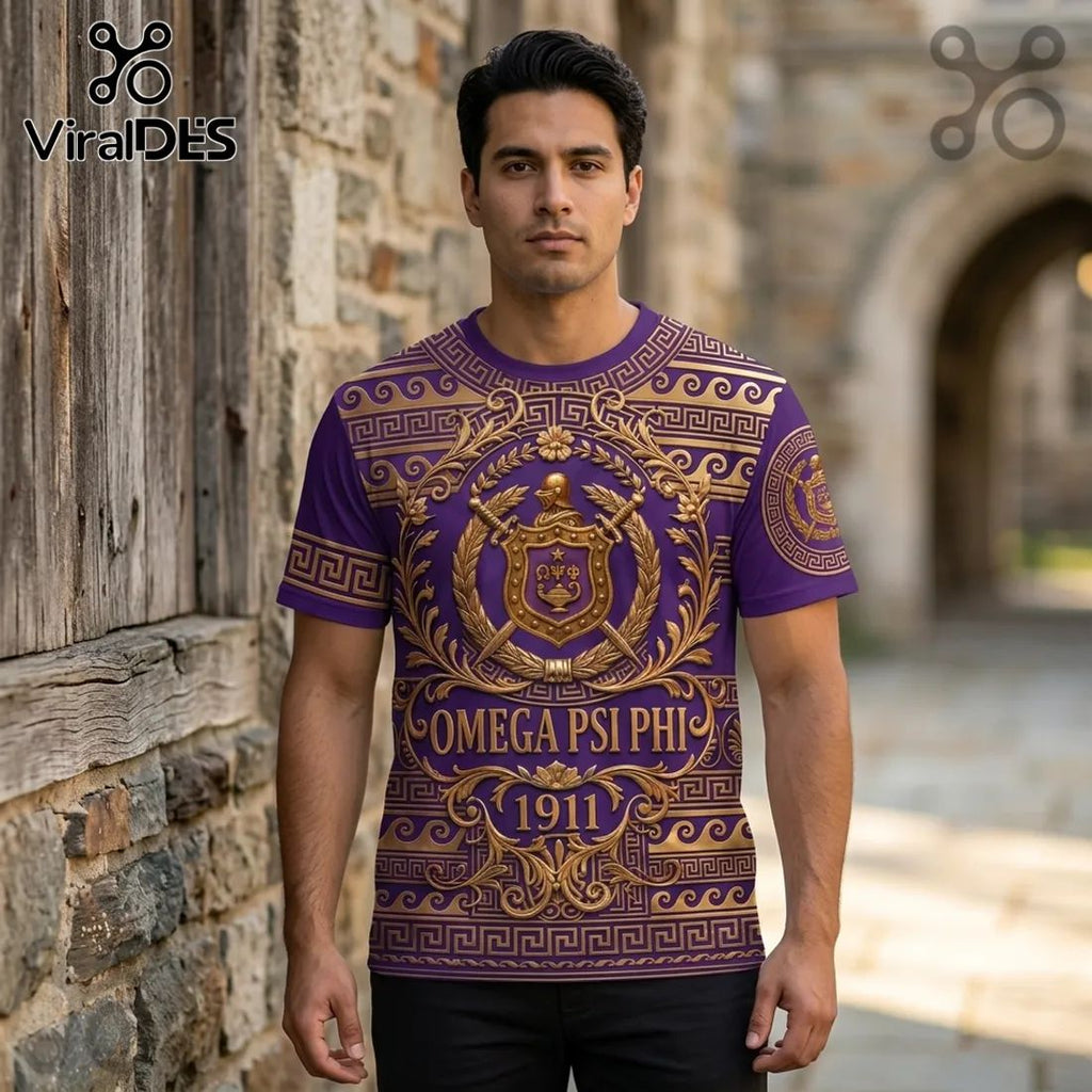 Omega Psi Phi 1911 Gold Greek Key Purple Shirt
