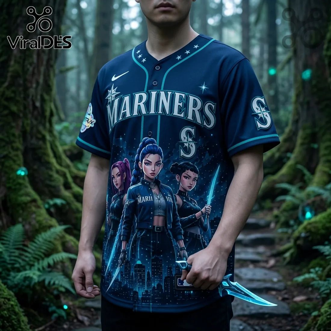 KPop Demon Hunters x Seattle Mariners Navy Baseball Jersey