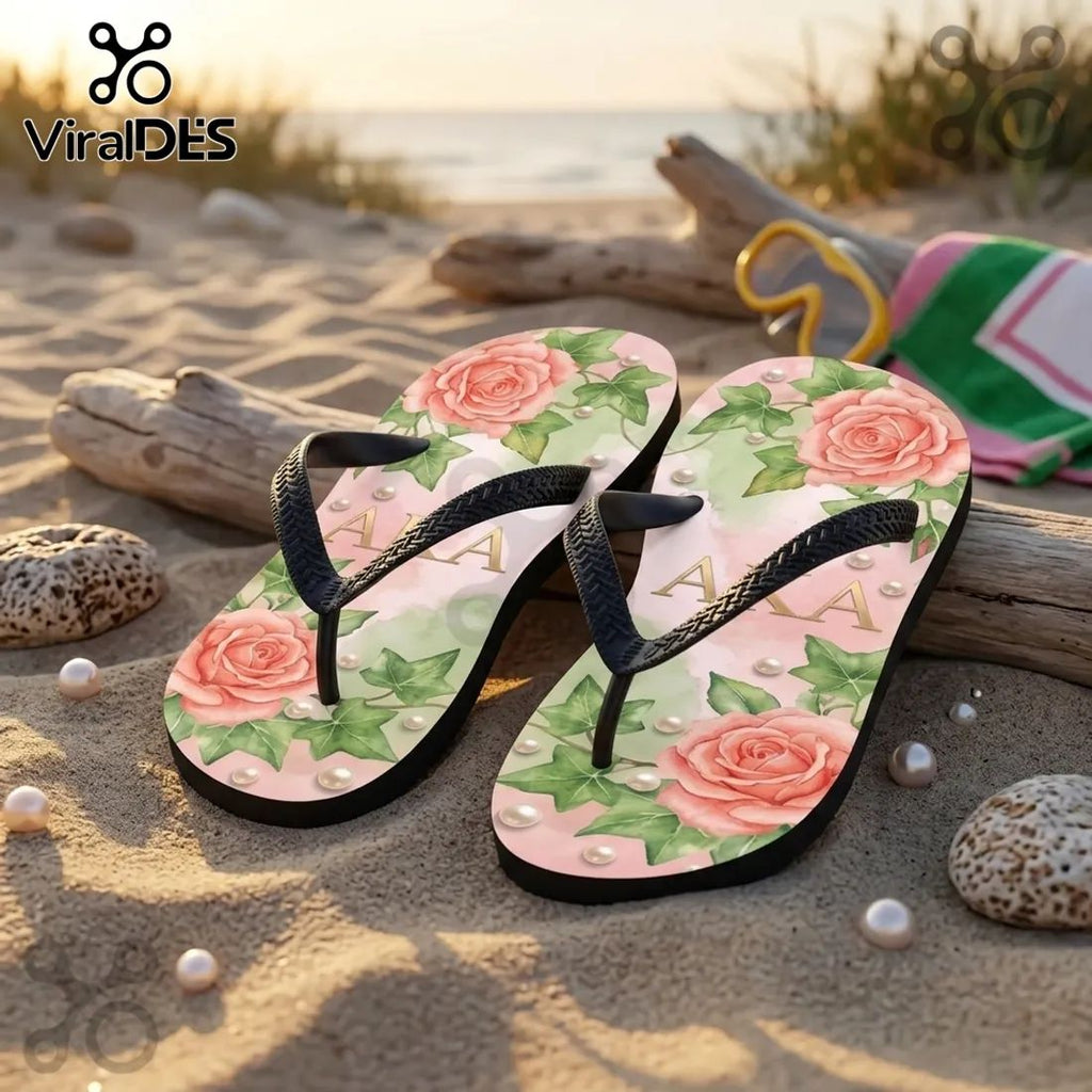 AKA Sorority Pink & Green Rose Ivy Pearl Summer Flip-flops