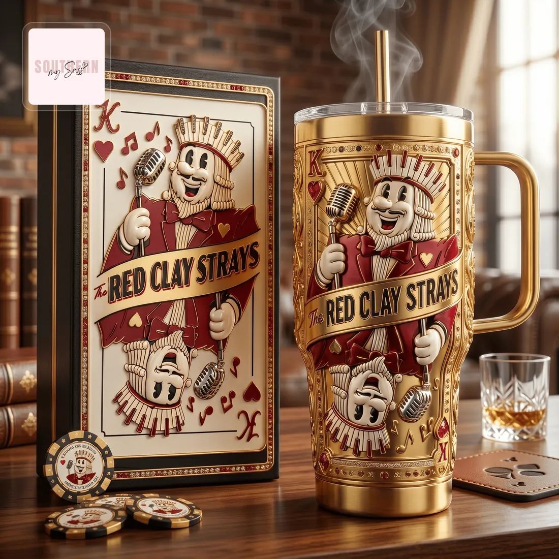 The Red Clay Strays Gold 40oz 3D Embossed King Card Insulated Tumbler With Handle