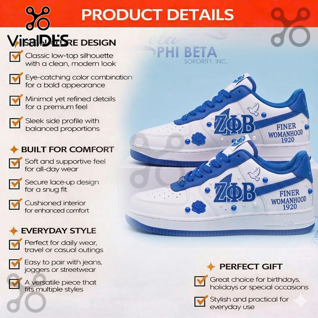 Zeta Phi Beta Sorority AF1 1920 Blue and White Air Force 1 Sneakers