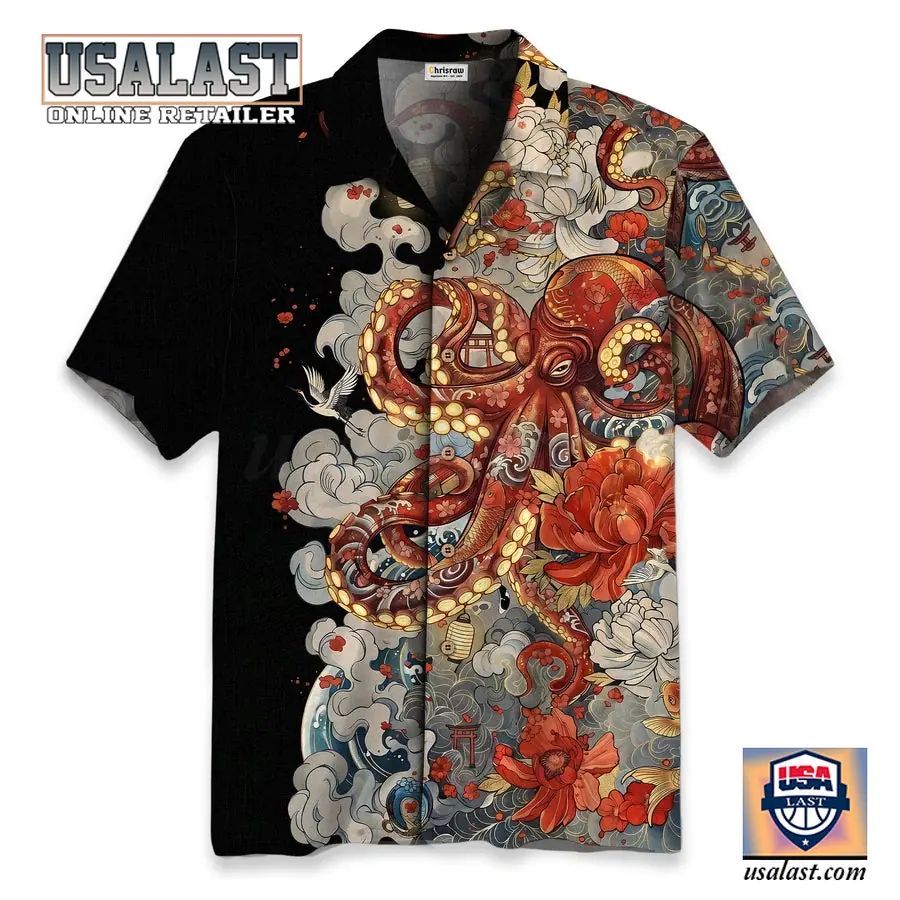 The Kraken Octopus with Flowers Short Sleeve Hawaiian Shirt