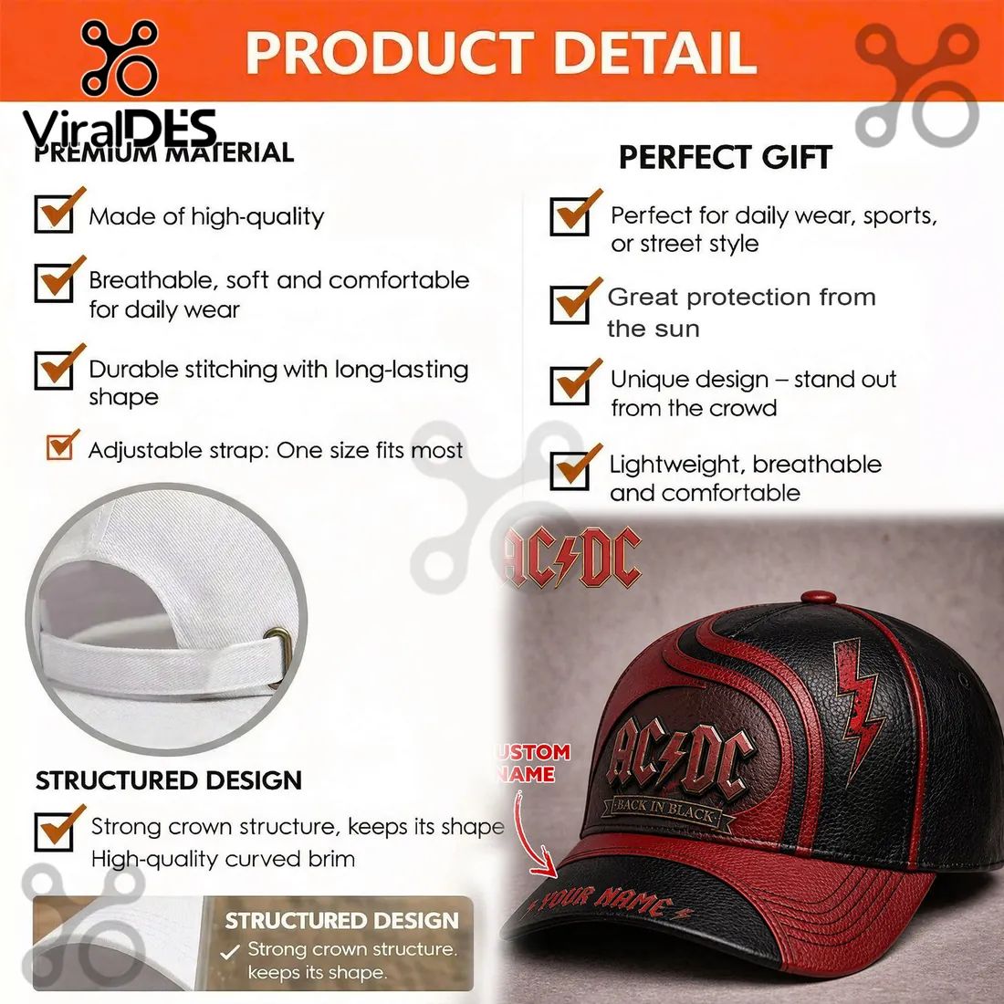 AC/DC Personalized Back In Black Faux Leather Baseball Cap