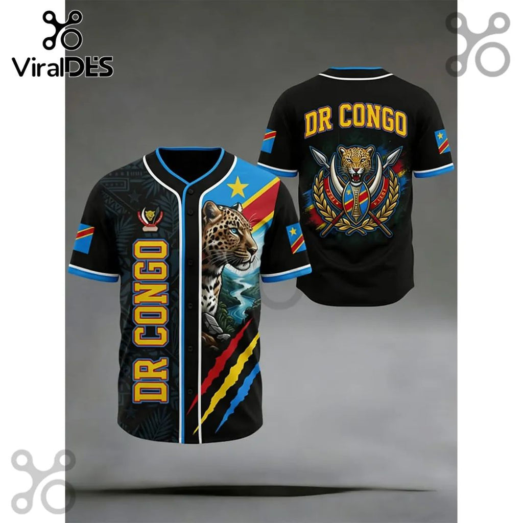 DR Congo Leopard Flag 3D Print Patriotic Heritage Baseball Jersey