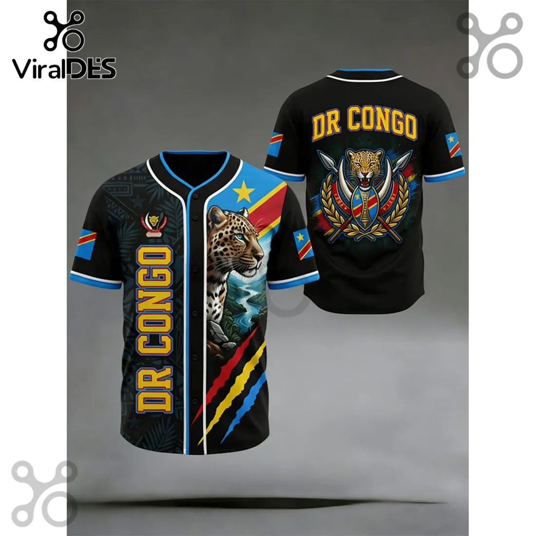 DR Congo Leopard Flag 3D Print Patriotic Heritage Baseball Jersey