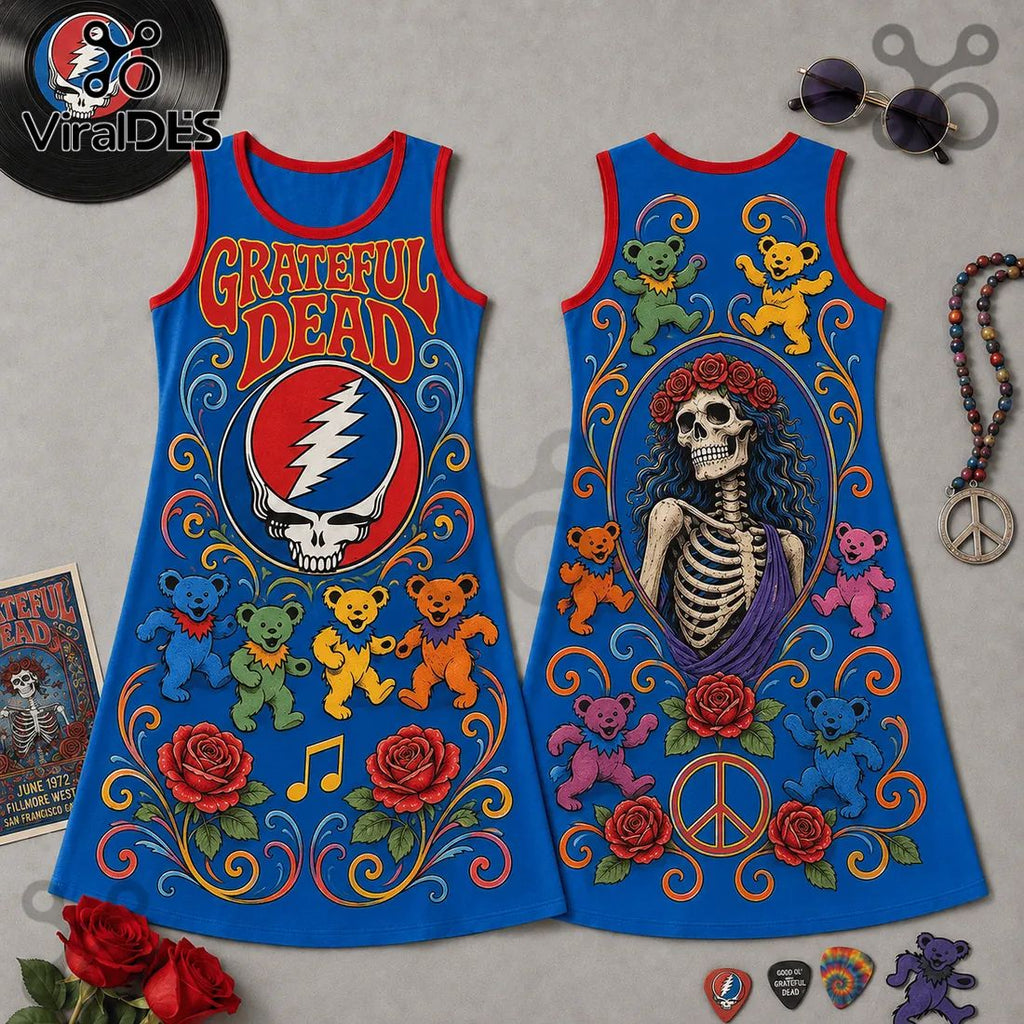 Grateful Dead Dancing Bears Blue Sleeveless Dress