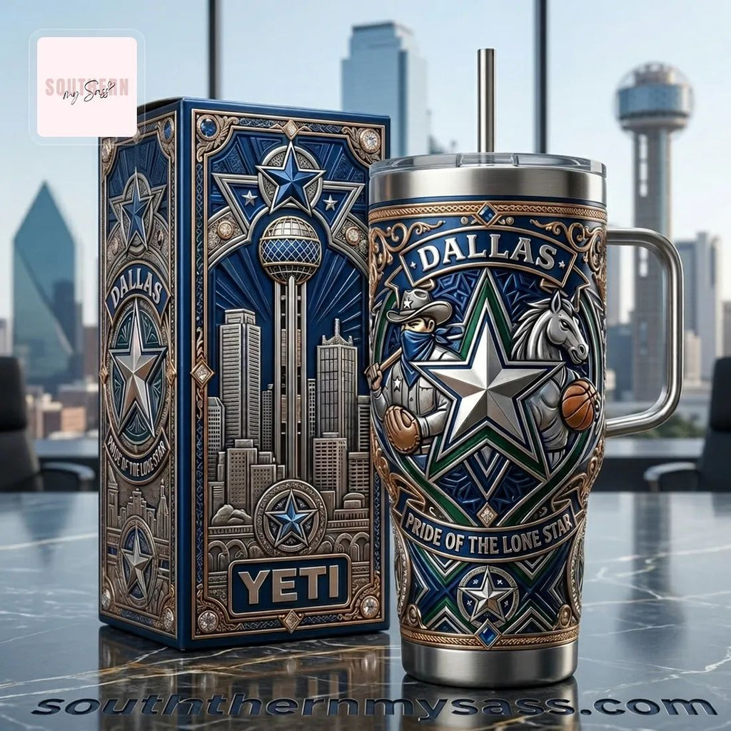 Dallas Lone Star Premium Engraved 40oz Stainless Steel Tumbler With Handle