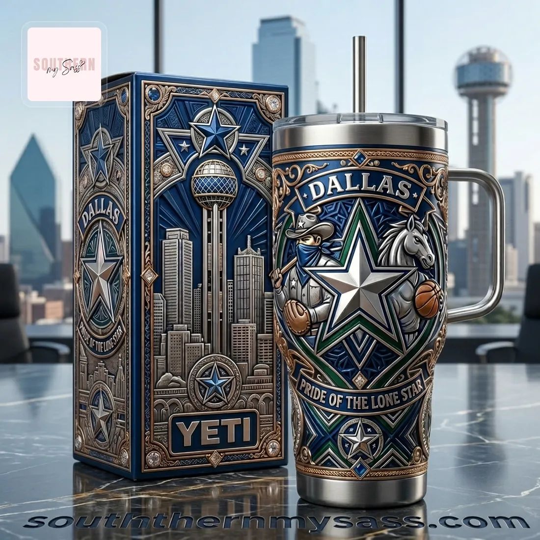 Dallas Lone Star Premium Engraved 40oz Stainless Steel Tumbler With Handle