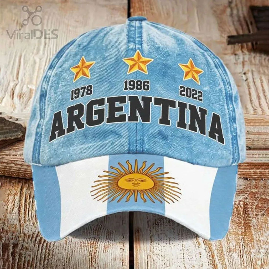 Argentina World Cup Champions 1978 1986 2022 3 Stars Commemorative Flag Print Baseball Cap