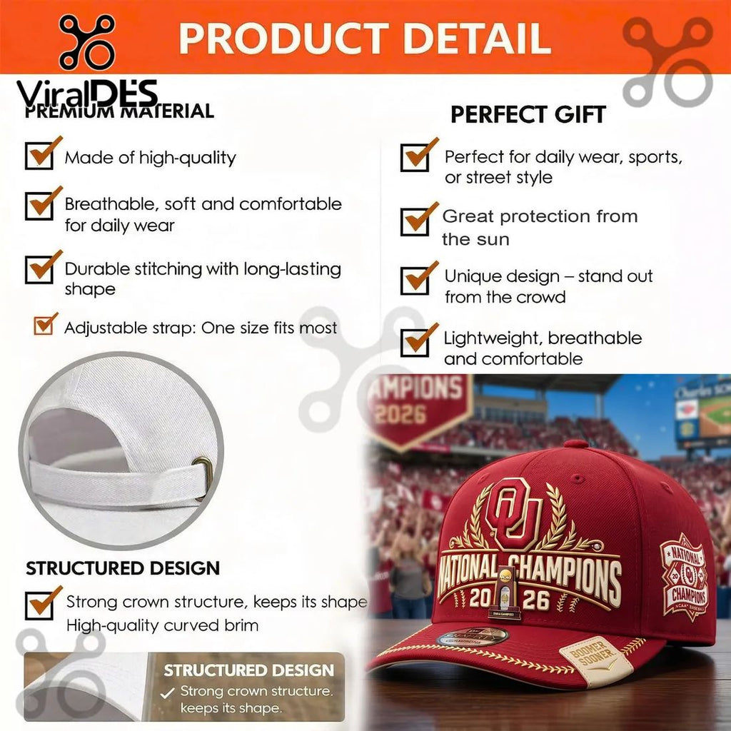 Oklahoma Sooners 2026 National Champions Red Premium Peaked Cap
