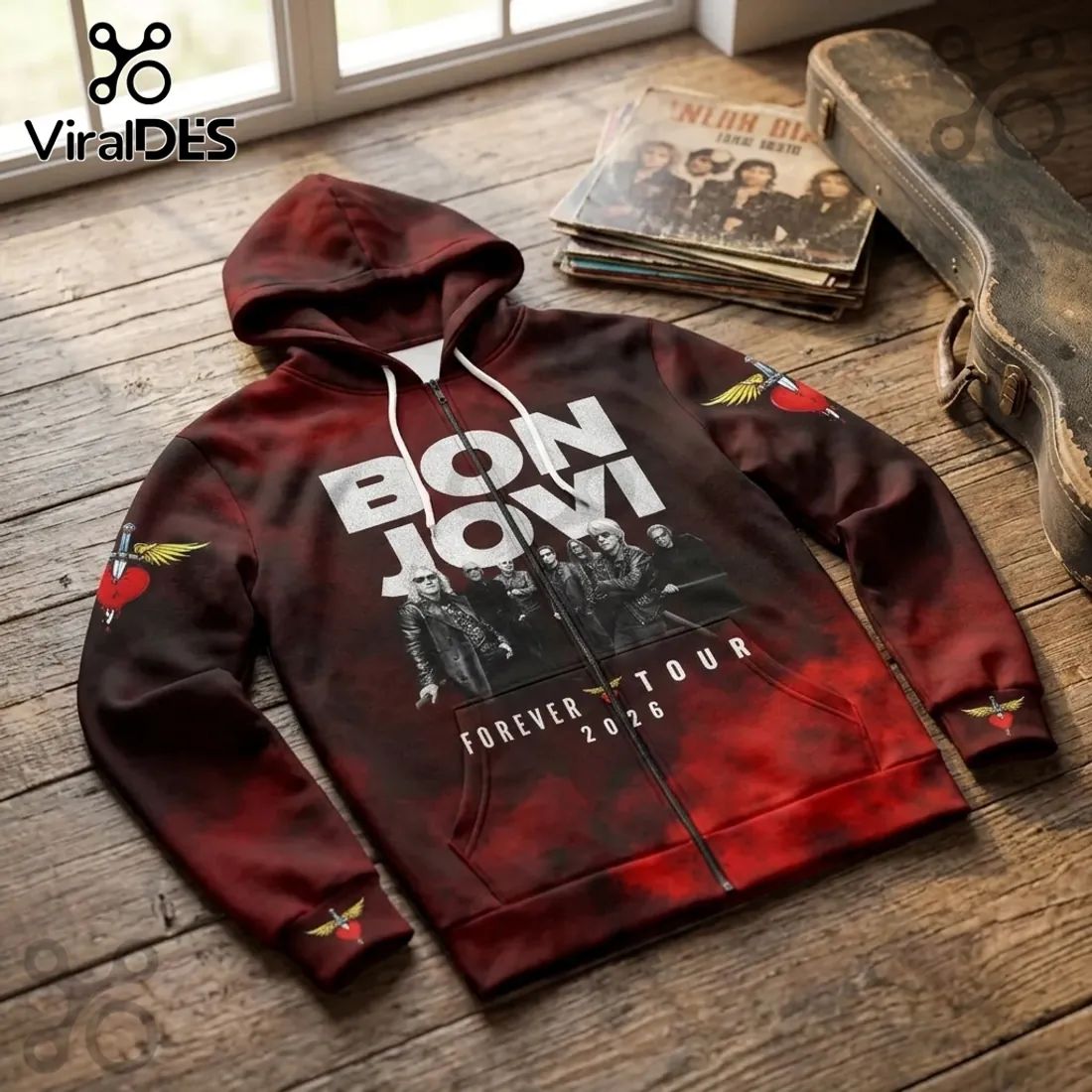 Bon Jovi Forever Tour 2026 Red Tie-Dye Hoodie