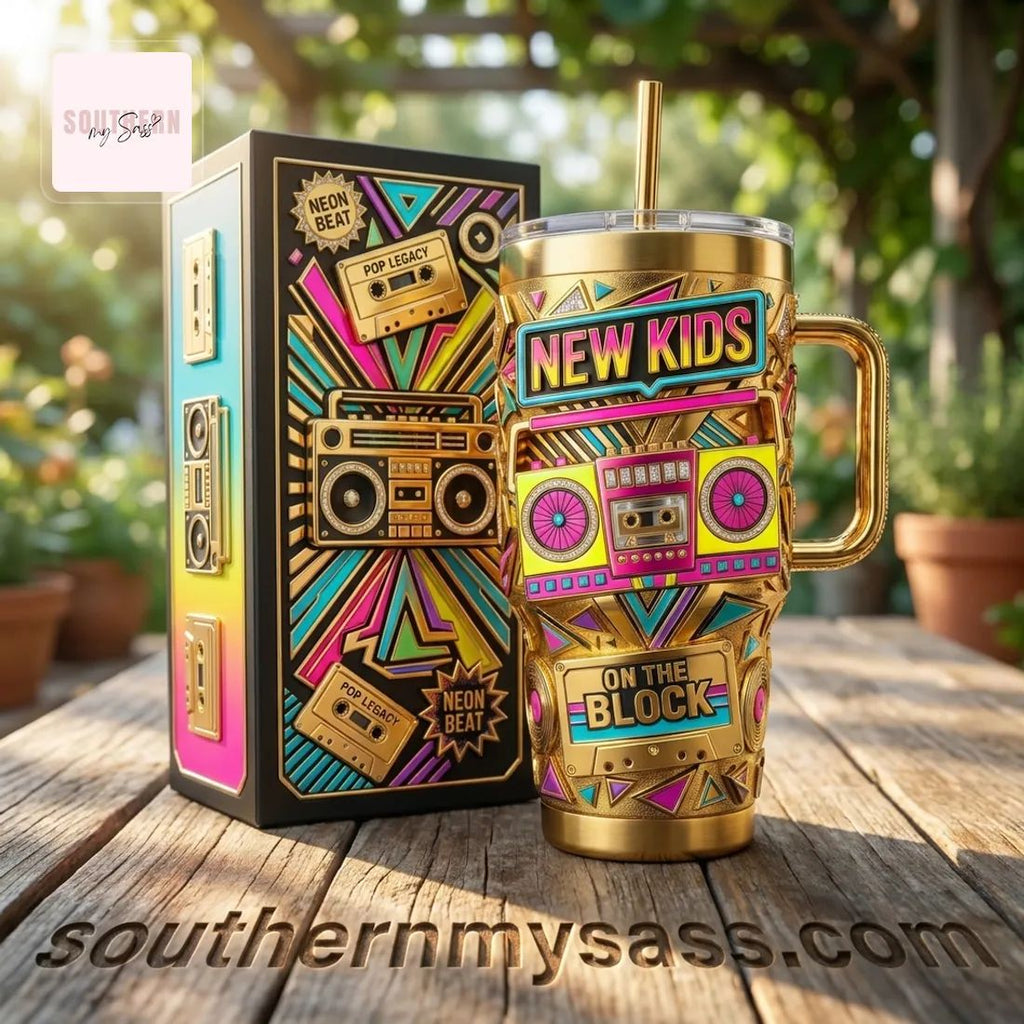 New Kids On The Block 40oz Gold Neon Retro Insulated Tumbler With Handle