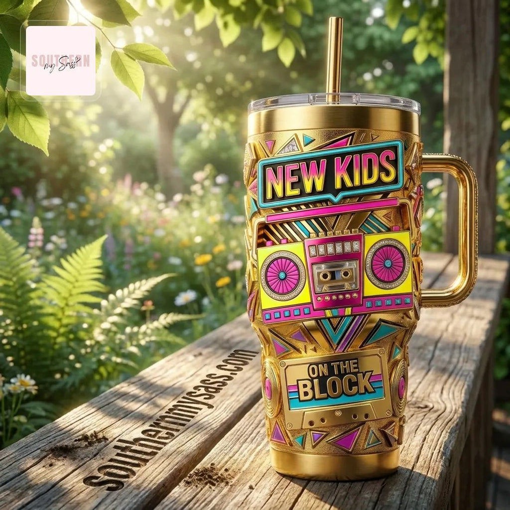 New Kids On The Block 40oz Gold Neon Retro Insulated Tumbler With Handle