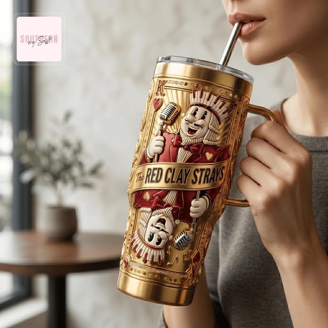 The Red Clay Strays Gold 40oz 3D Embossed King Card Insulated Tumbler With Handle