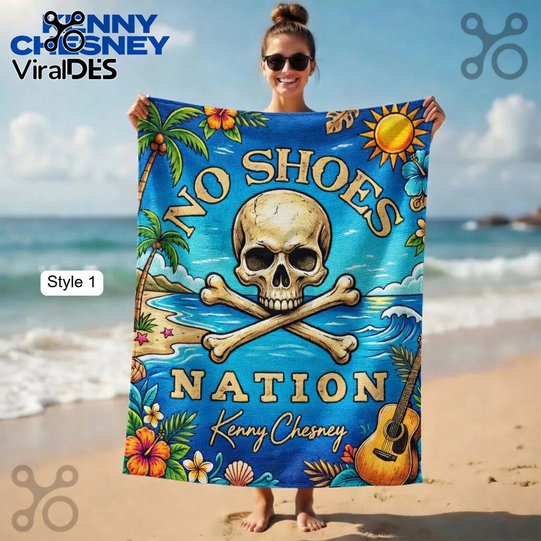 Kenny Chesney No Shoes Nation Skull Tropical Beach Towel