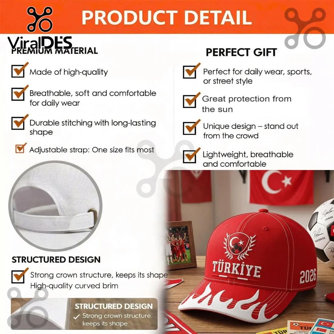 Turkey Football Fan 2026 Commemorative Embroidered Flame Design Baseball Cap