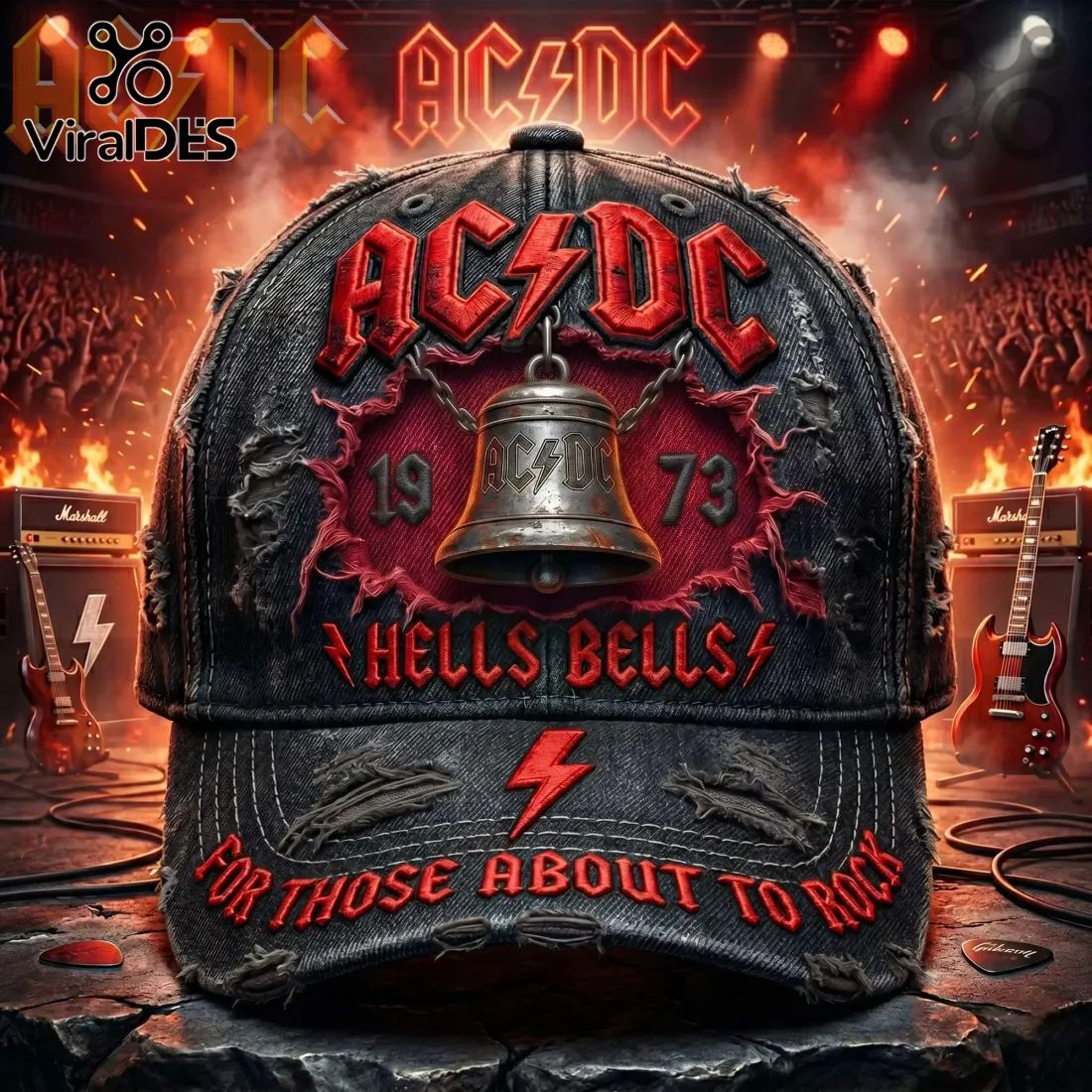 AC/DC Hells Bells For Those About To Rock Distressed Baseball Cap