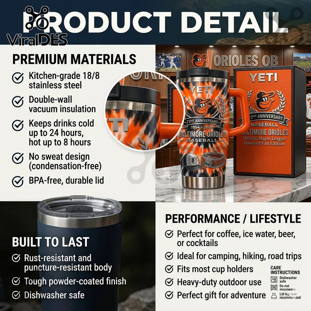 YETI x Baltimore Orioles 72nd Anniversary Stainless Steel Handle Tumbler