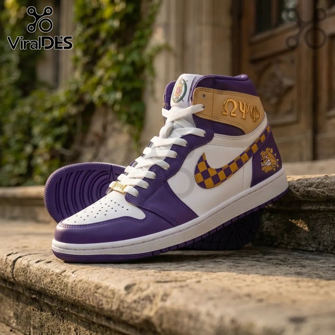 Omega Psi Phi Fraternity Purple and Gold AJ1 High Top Sneakers