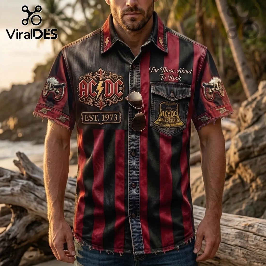 AC/DC Hells Bells For Those About To Rock Striped Hawaiian Shirt