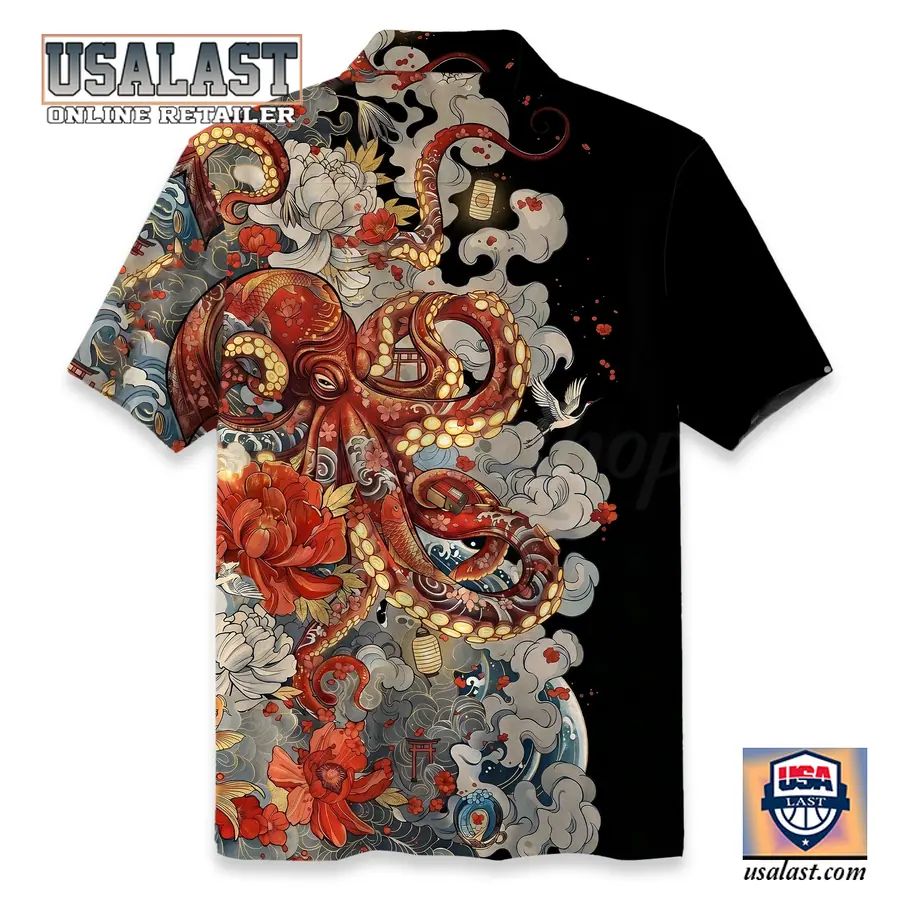 The Kraken Octopus with Flowers Short Sleeve Hawaiian Shirt