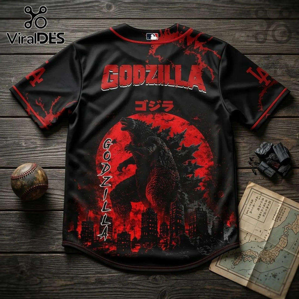Godzilla x Los Angeles Dodgers Black Red Baseball Jersey