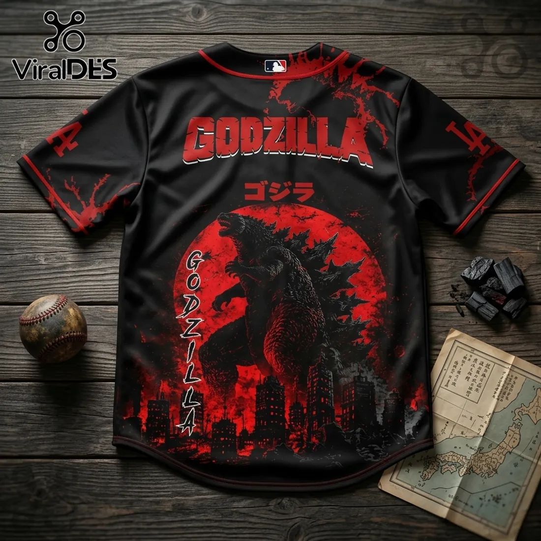 Godzilla x Los Angeles Dodgers Black Red Baseball Jersey