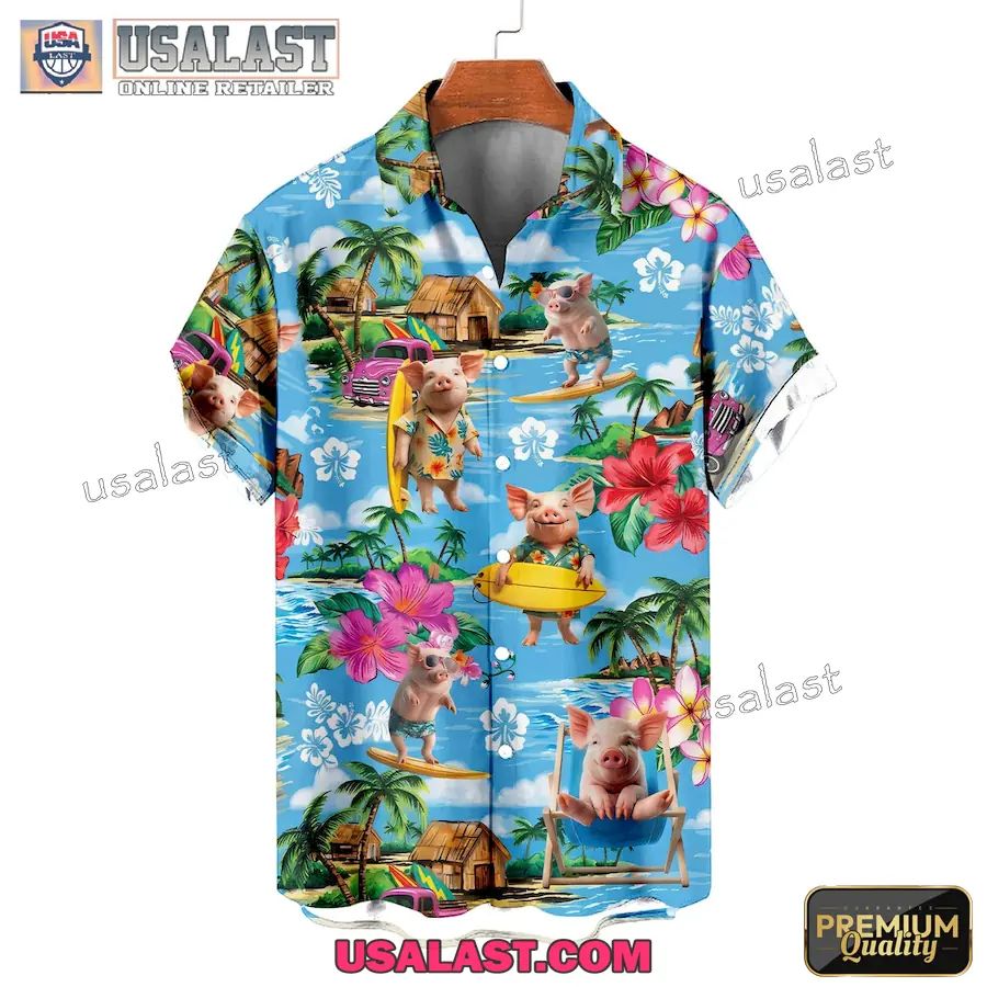 Surfing Pig Beach Tropical Hawaiian Shirt