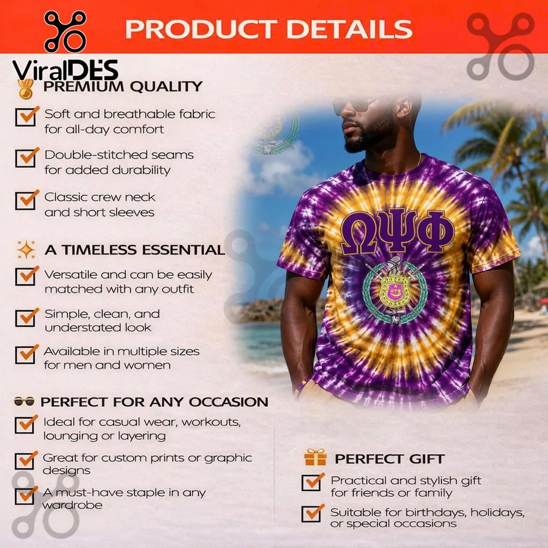 Omega Psi Phi Purple Gold Tie-Dye Fraternity Crest T-Shirt
