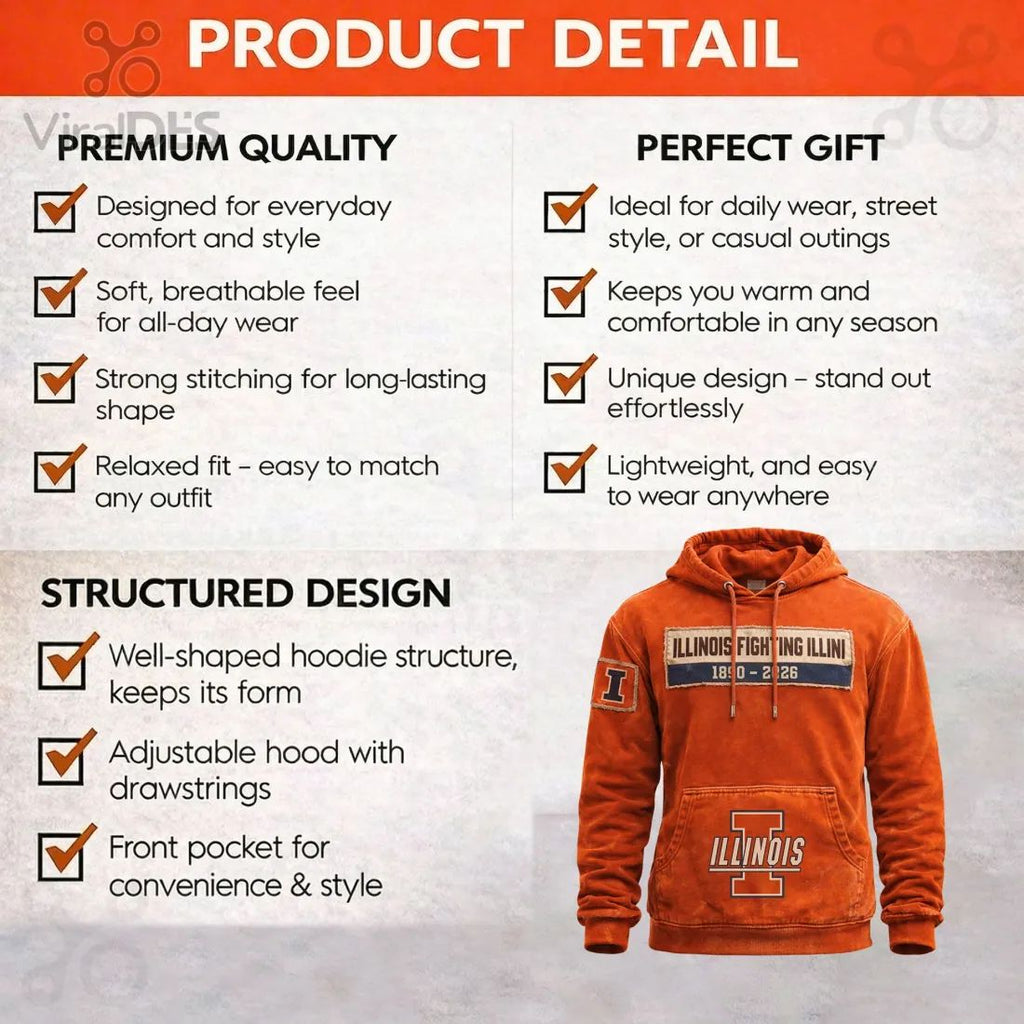 Illinois Fighting Illini Vintage Distressed 1890-2026 Patch Graphic Hoodie