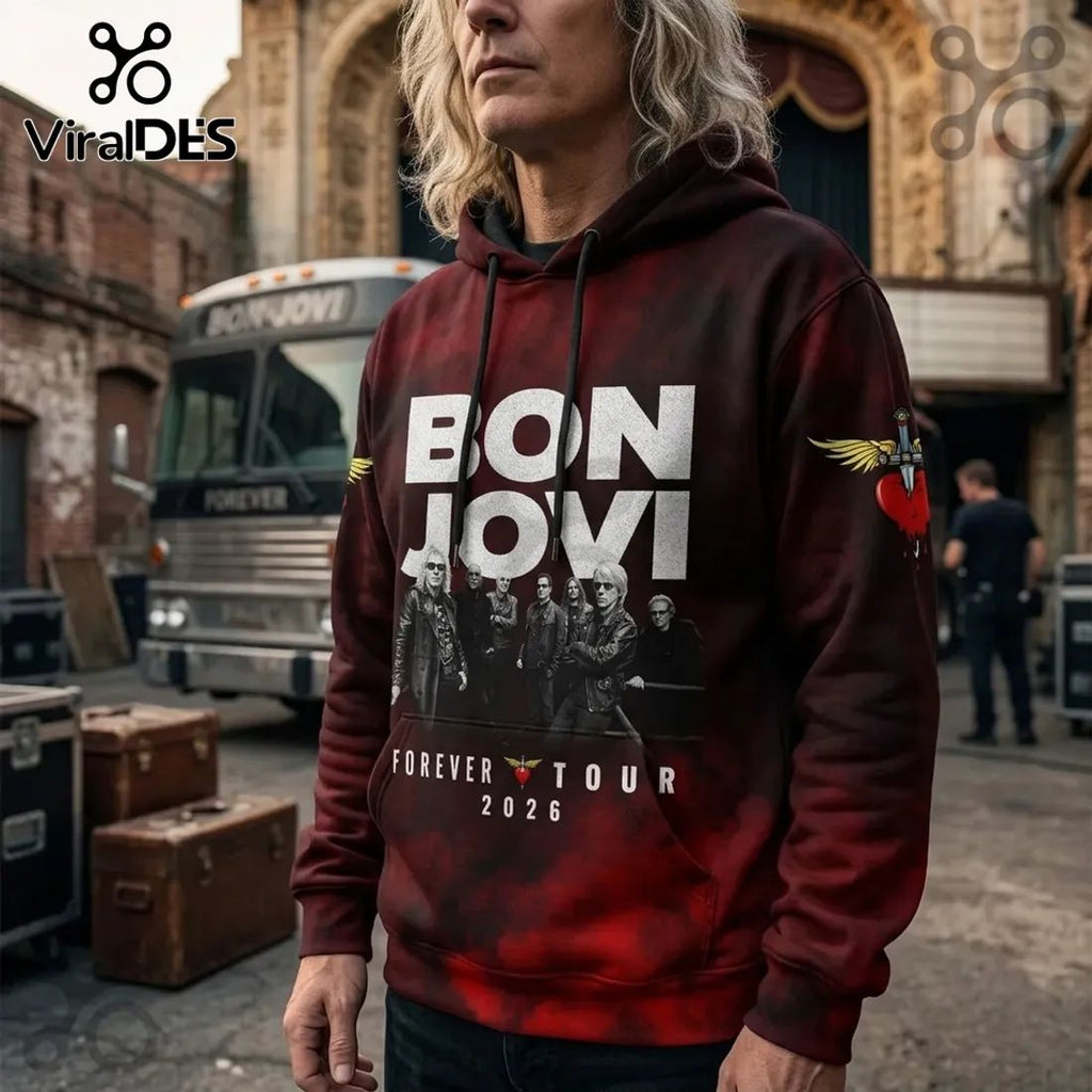 Bon Jovi Forever Tour 2026 Red Tie-Dye Hoodie