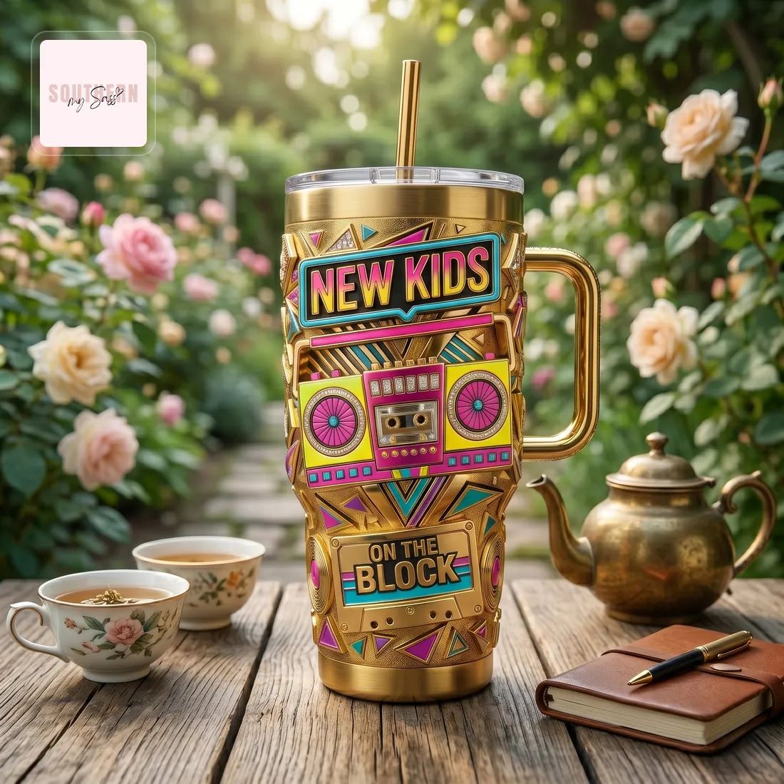 New Kids On The Block 40oz Gold Neon Retro Insulated Tumbler With Handle