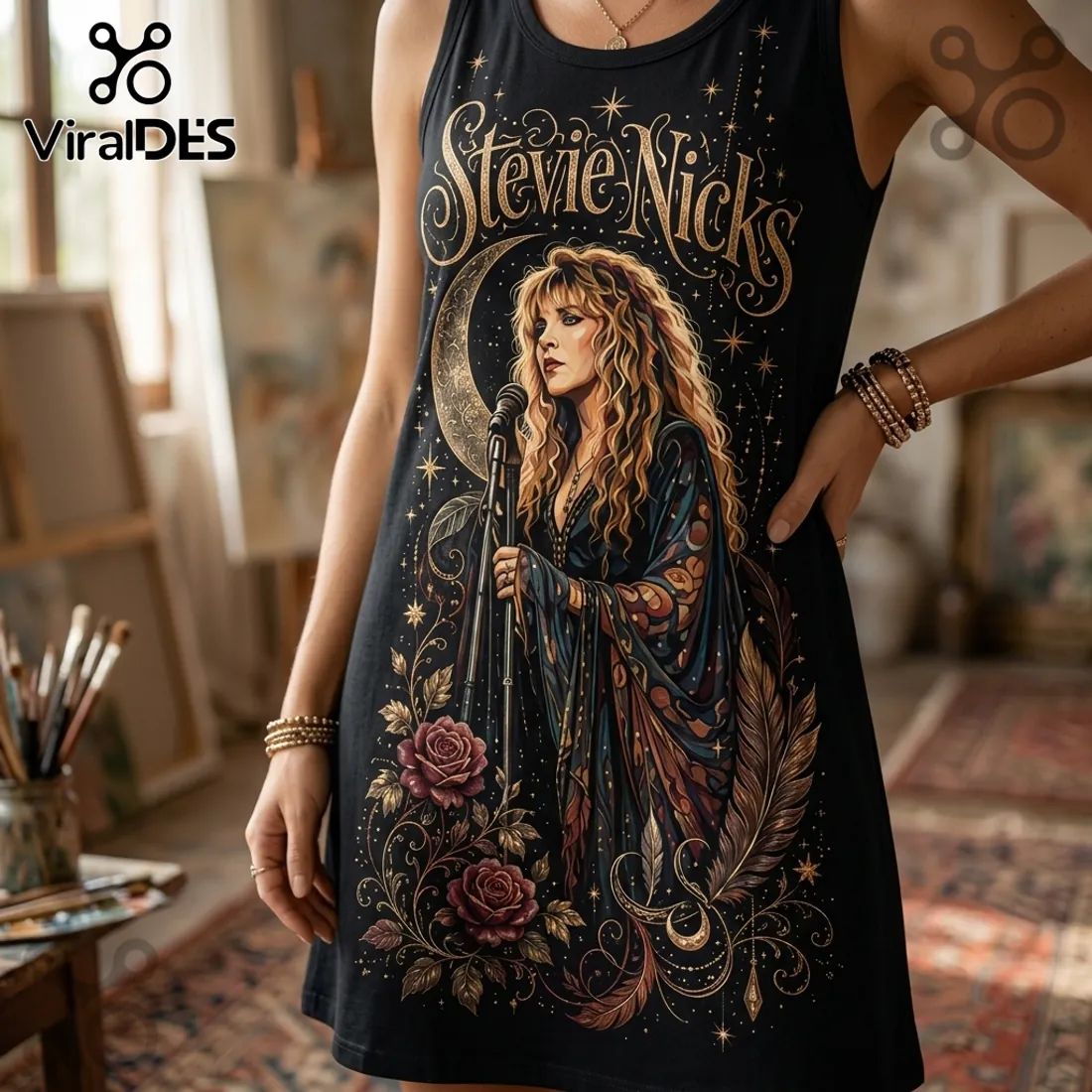 Stevie Nicks Vintage Celestial Floral Sleeveless Dress