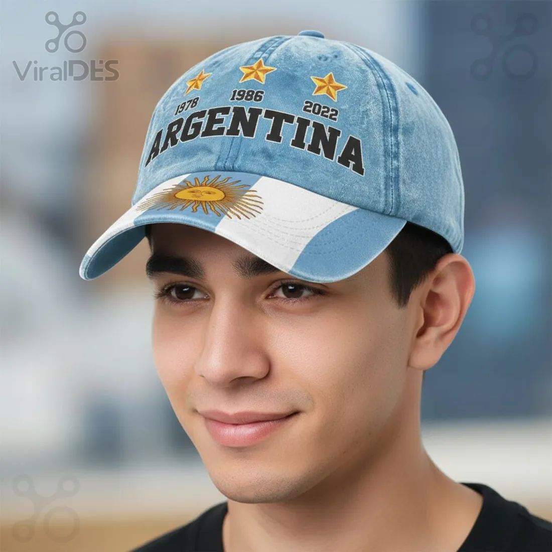 Argentina World Cup Champions 1978 1986 2022 3 Stars Commemorative Flag Print Baseball Cap