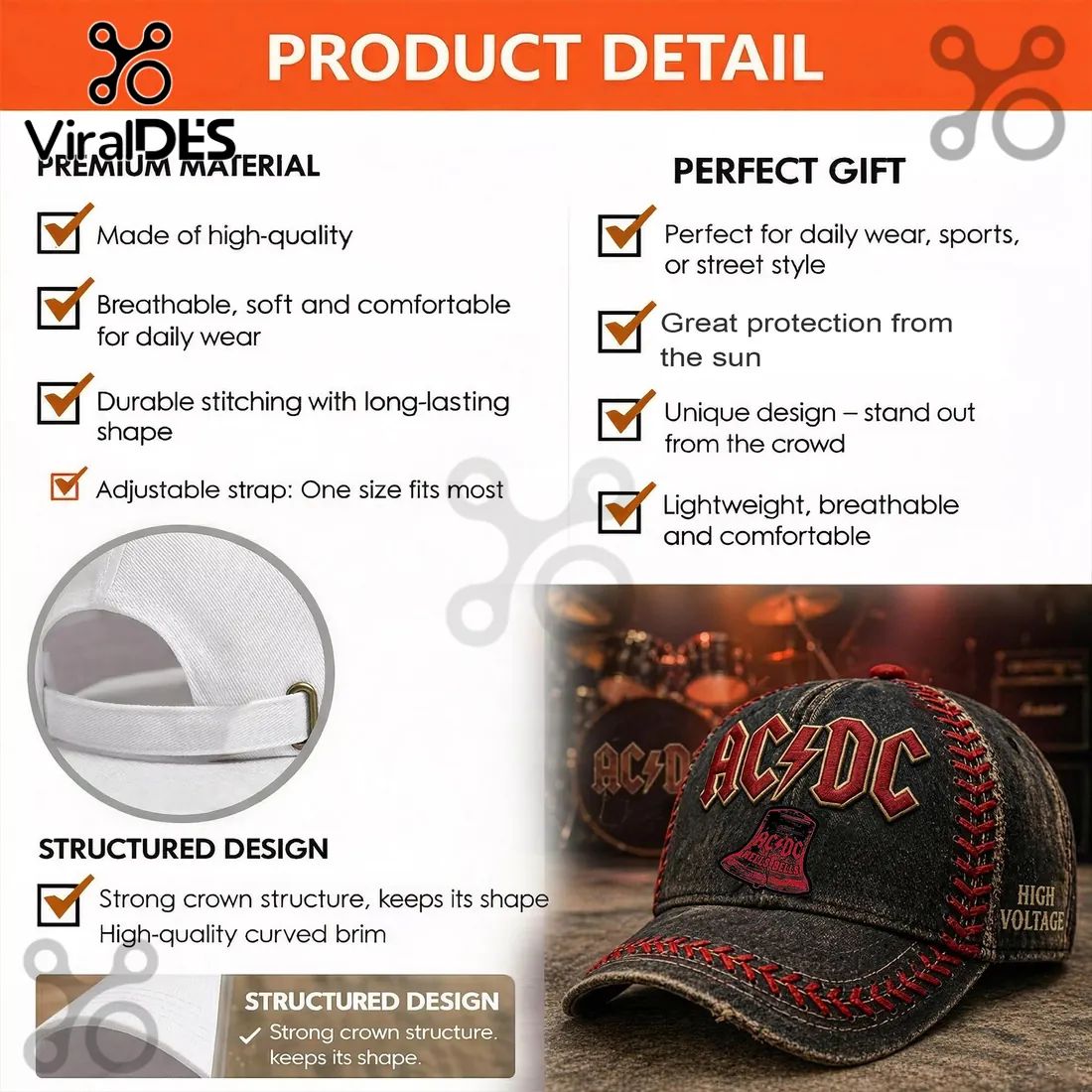 AC/DC Vintage Distressed Hell’s Bells High Voltage Baseball Cap