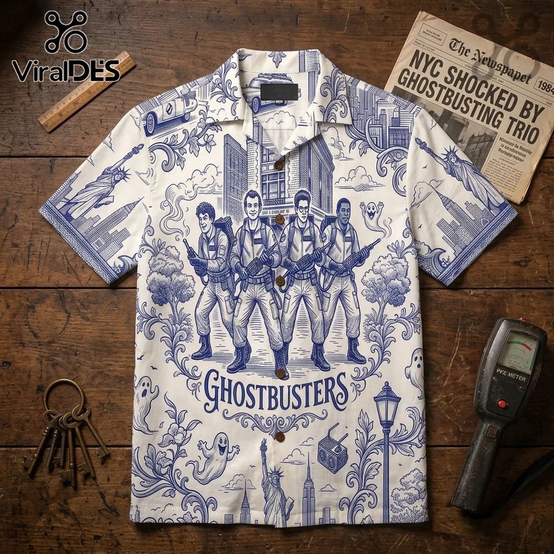 Ghostbusters Toile De Jouy Blue Button Down Shirt