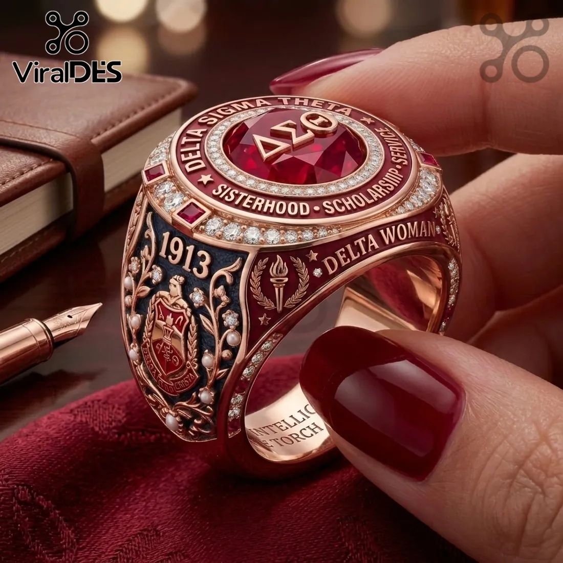 Delta Sigma Theta Sorority Crest Rose Gold Ring