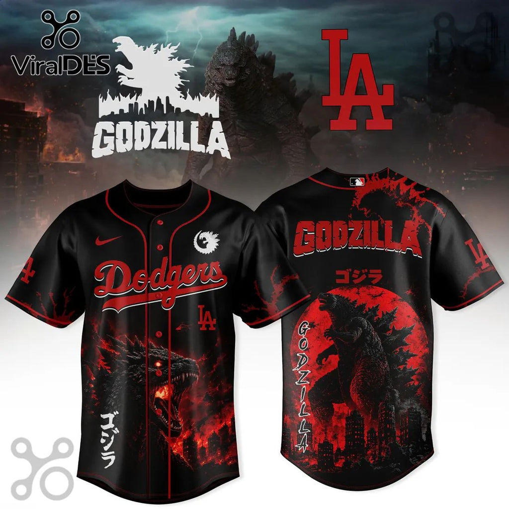 Godzilla x Los Angeles Dodgers Black Red Baseball Jersey