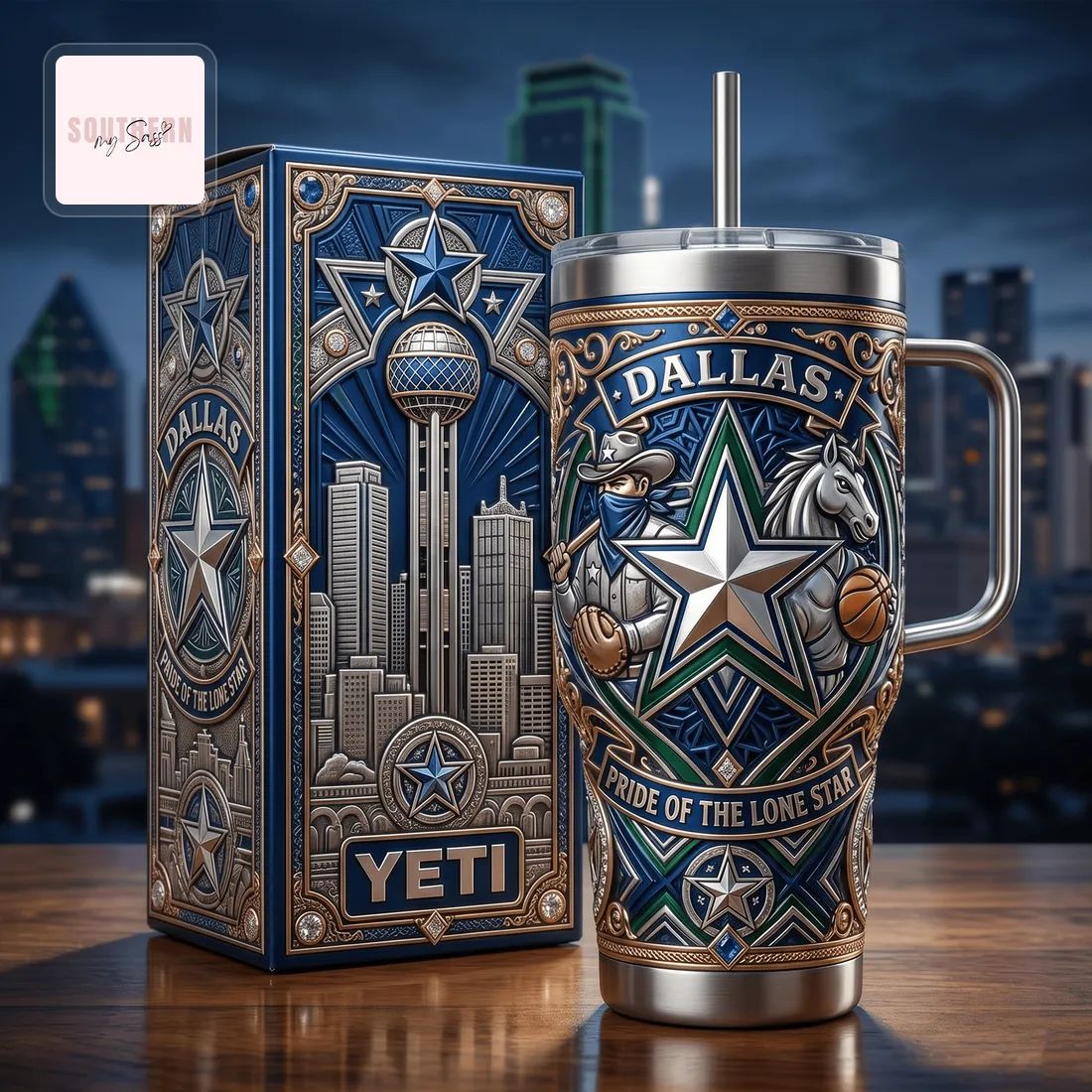 Dallas Lone Star Premium Engraved 40oz Stainless Steel Tumbler With Handle